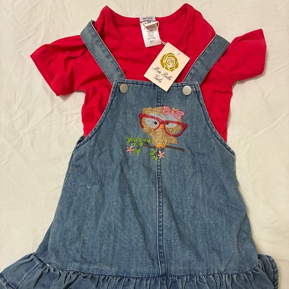 Denim Dress with Cute Owl Embroidery, Red short sleeve t-shirt, back to school - Picture 1 of 4